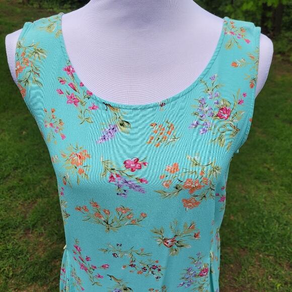 Demure Vintage Eddie Bauer Sleeveless Dusty Turquiose Floral Dress size Large - Picture 5 of 12